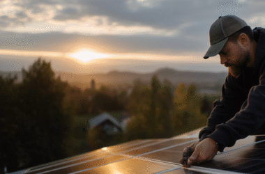 Home knaughti close up of a worker installing solar panels on a sing b9650386 53b2 43c1 a5a9 f9fc4bd786a2